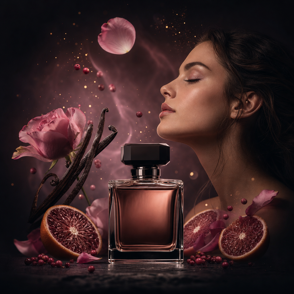 Perfumeza — luksusowe dekanty perfum z płatkami róży, cytrusami i wanilią w świetle zachodu słońca